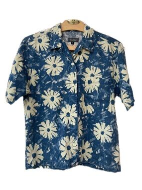 True Grit | Linen Floral Cyanotype Style Button Down Short Sleeve Shirt